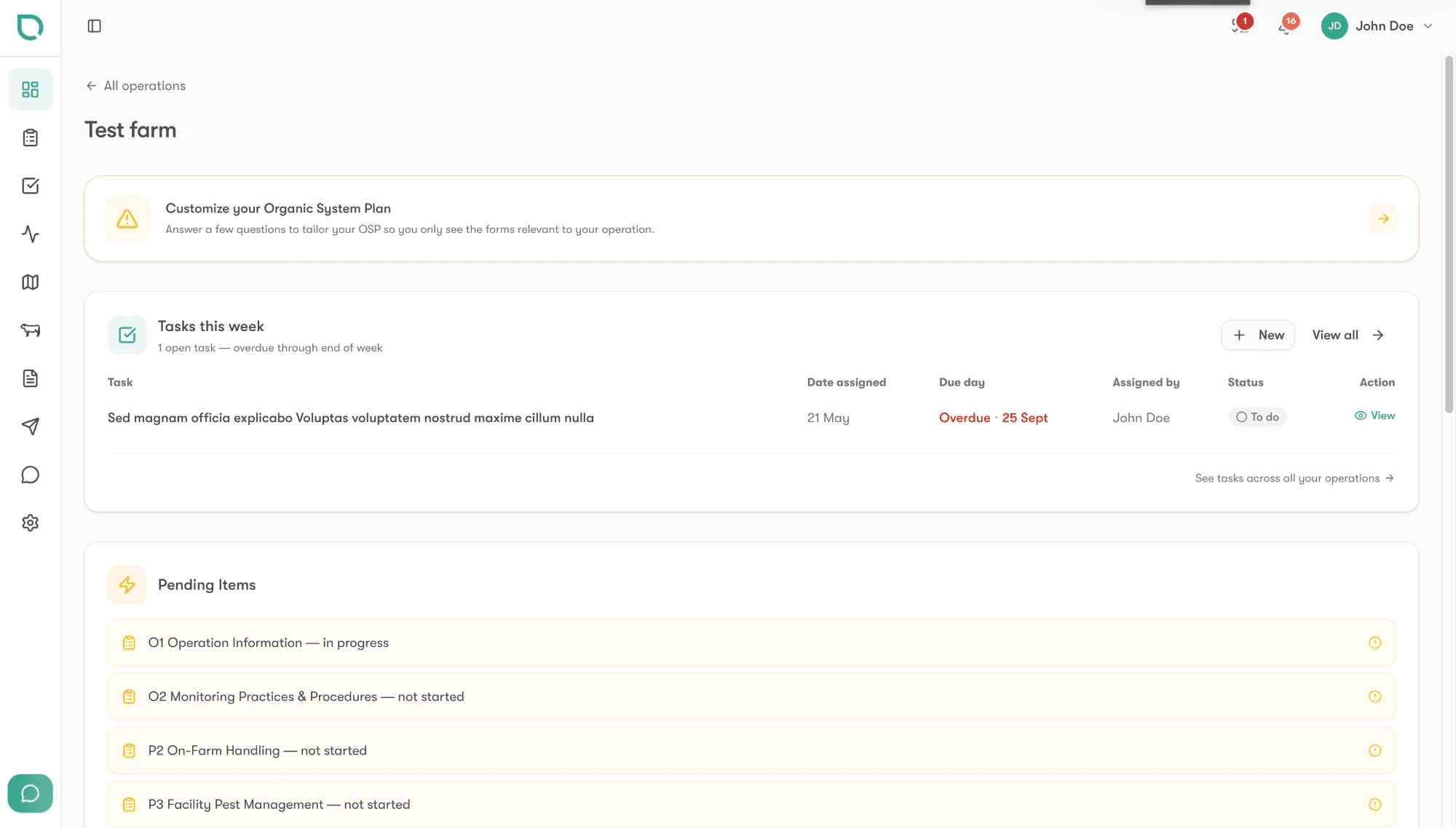 Quick Organics dashboard showing an Organic System Plan in progress